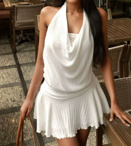 Vestido sexy de verano para mujer, blanco, con cuello halter, sin espalda, cintura falsa de dos piezas, corte A