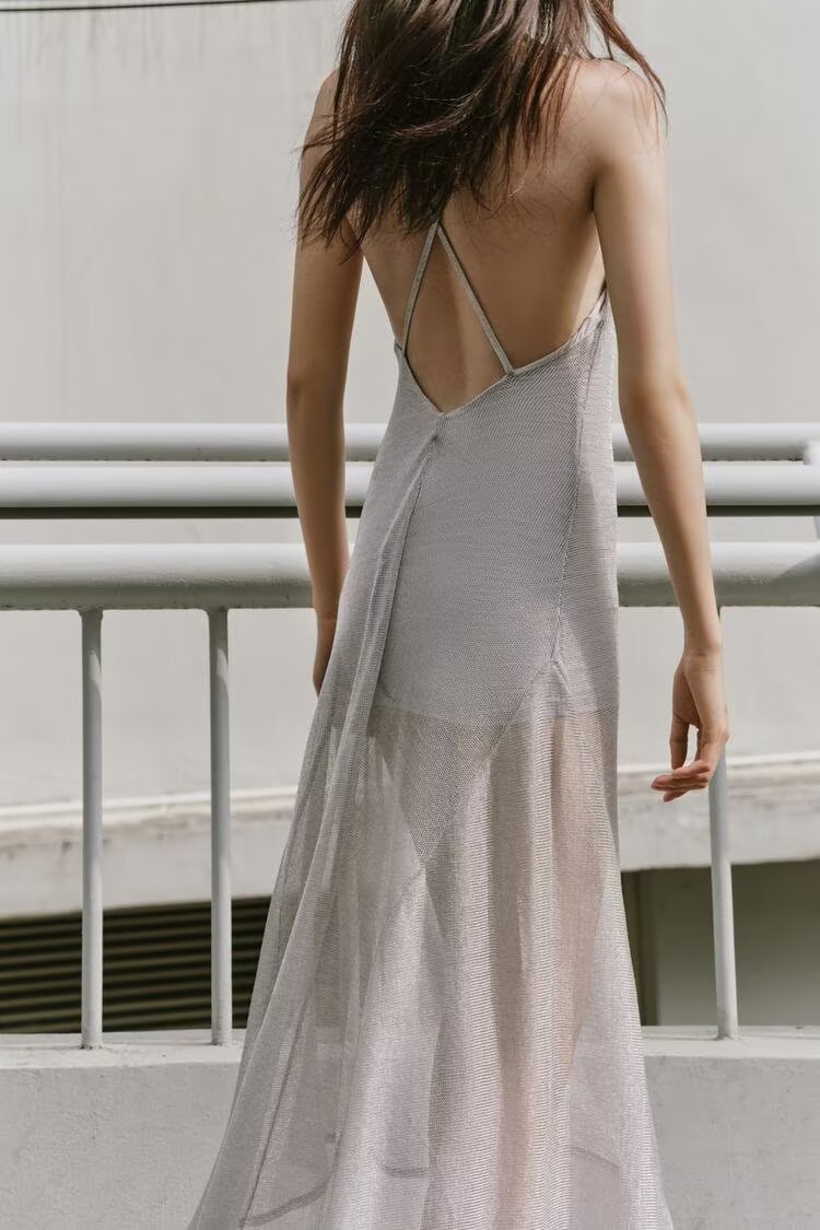 Robe midi à bretelles en fil métallisé pour femme