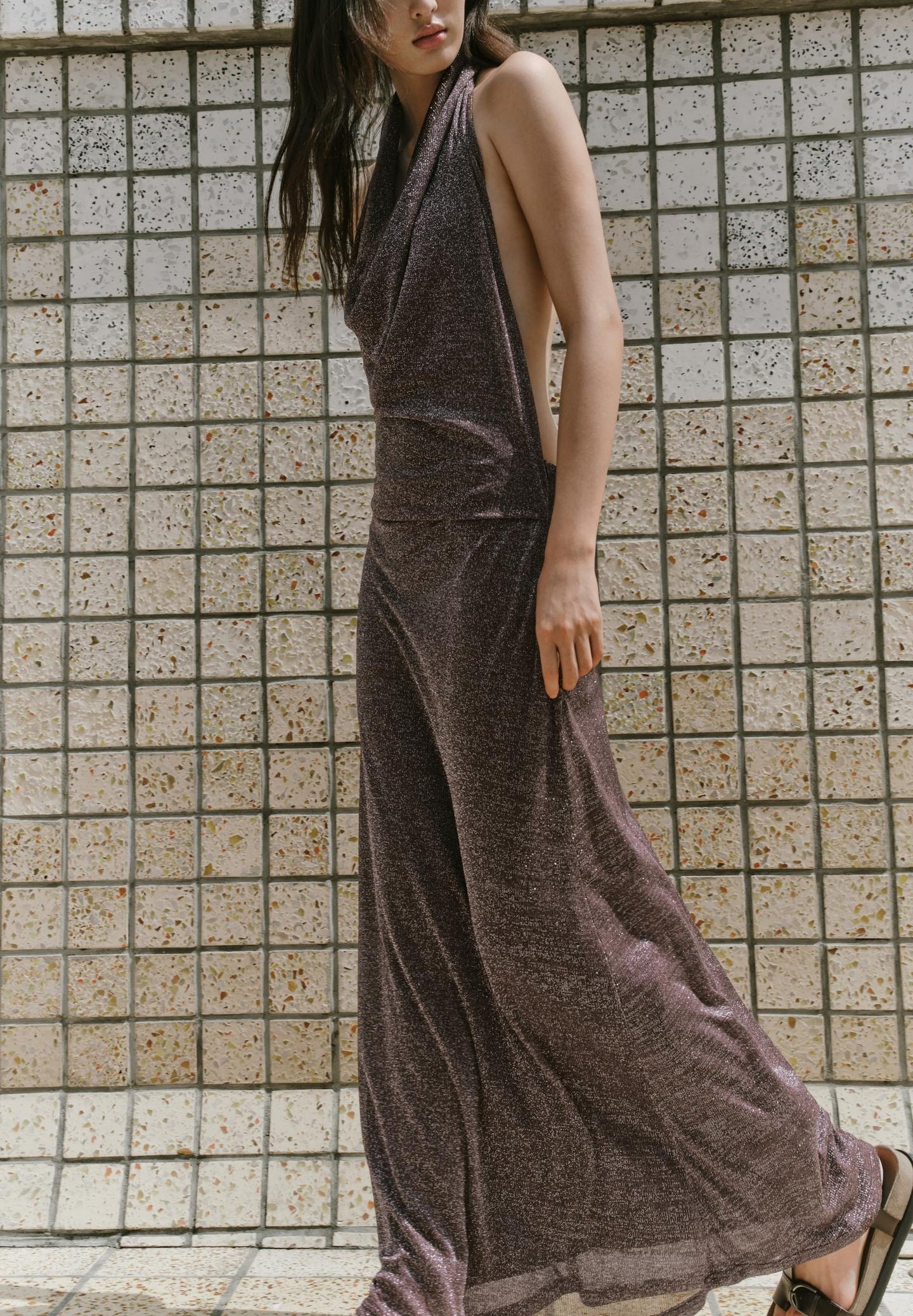 Robe métallisée dos nu pour femme, automne
