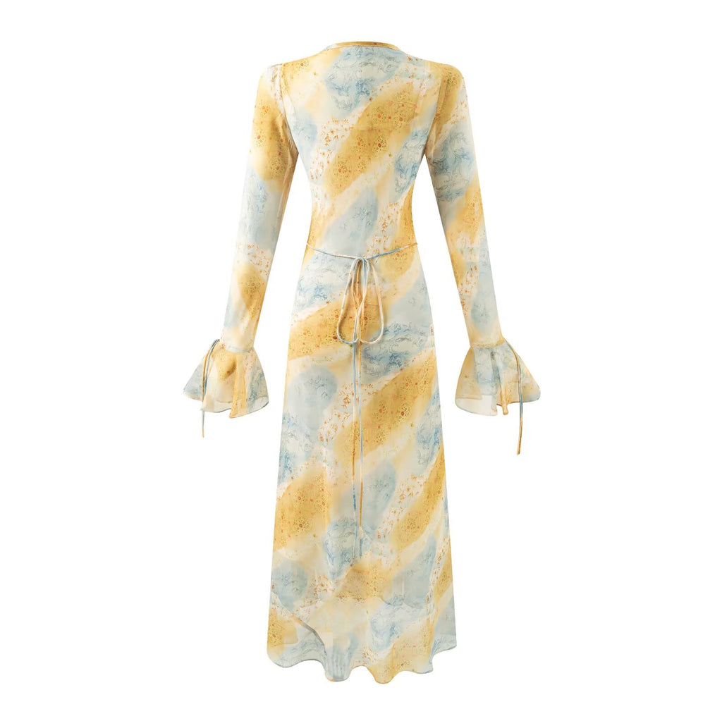 Robe imprimée mi-longue à col en V pour femme, automne