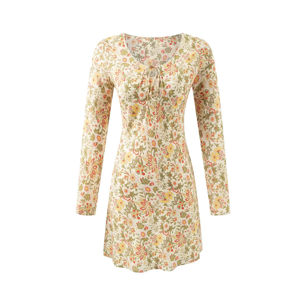 Robe d'été élégante et décontractée à imprimé floral, col en V et manches longues nouées