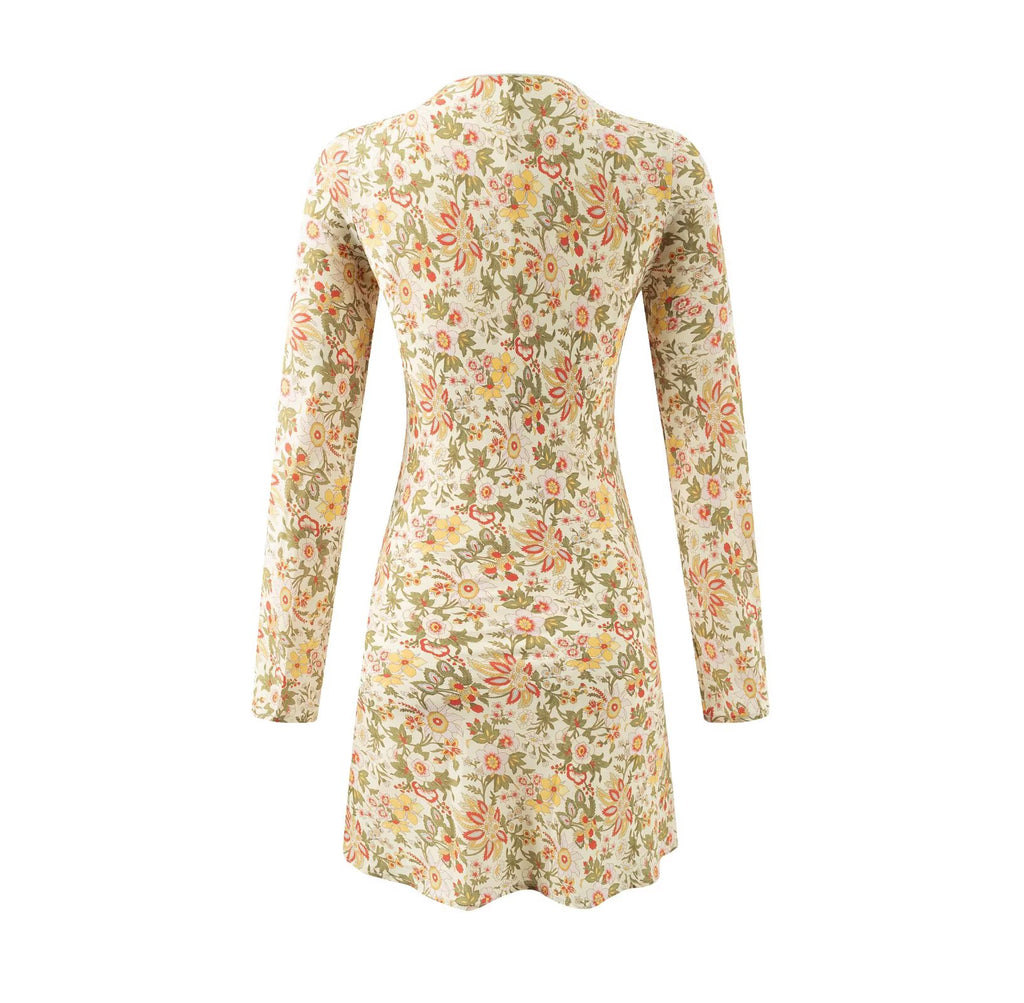 Robe d'été élégante et décontractée à imprimé floral, col en V et manches longues nouées