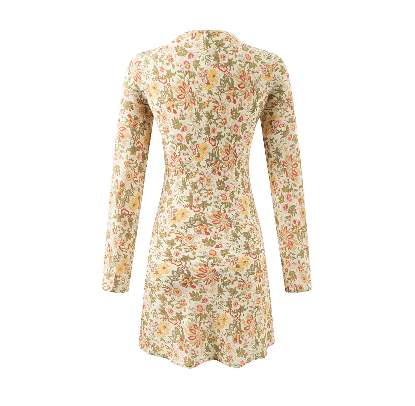 Robe d'été élégante et décontractée à imprimé floral, col en V et manches longues nouées