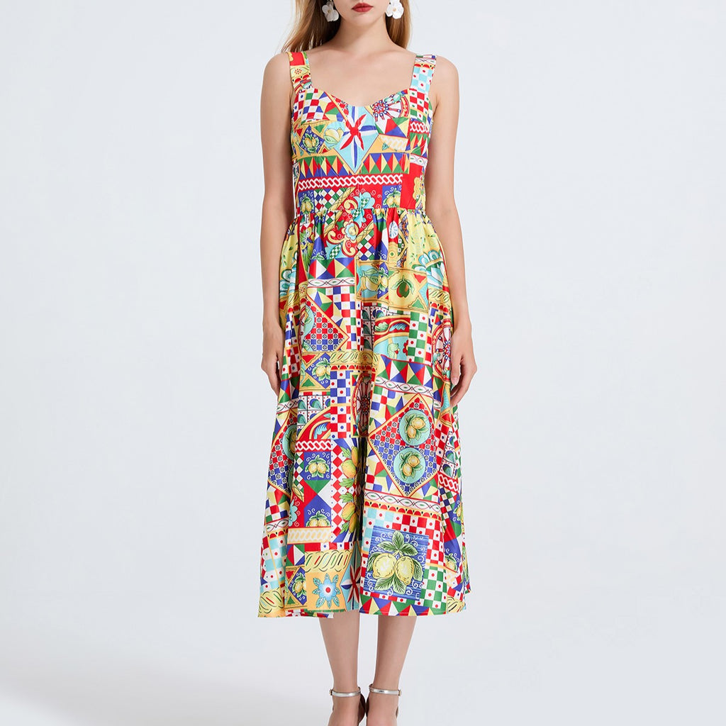 Vestido estampado de tirantes finos para mujer con espalda elástica y cintura alta