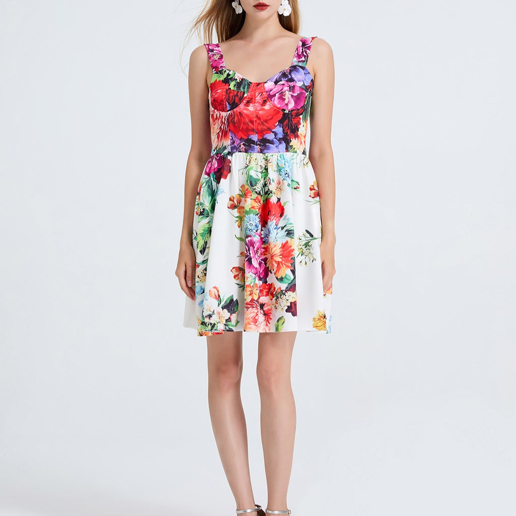 Robe courte imprimée taille haute à dos nu et bretelles élastiques pour femme