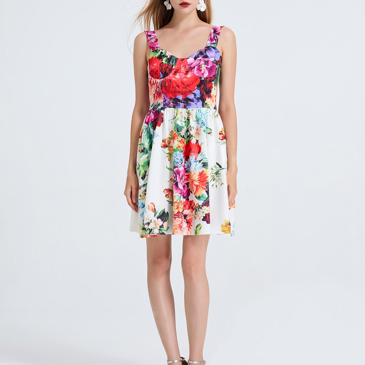 Robe courte imprimée taille haute à dos nu et bretelles élastiques pour femme