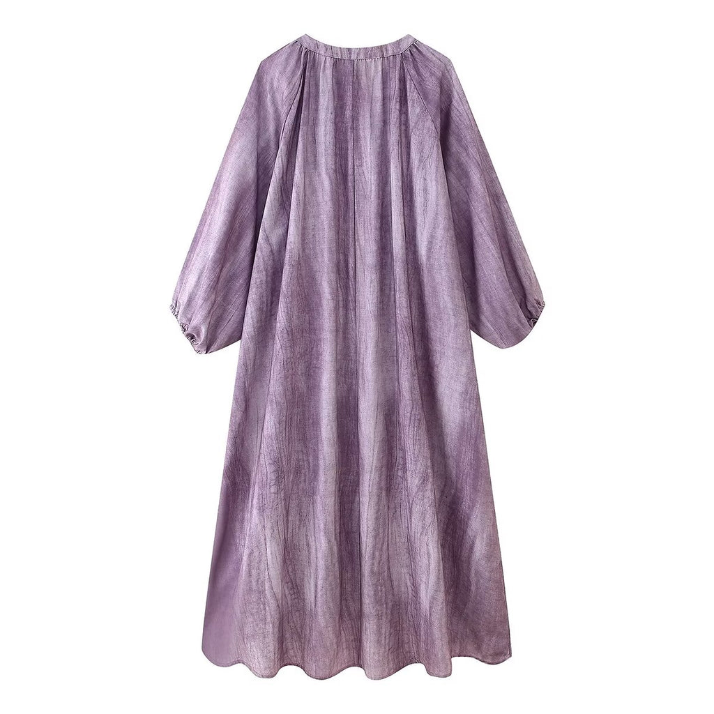 Women Clothing Western Linen Tie Dyed Long Shirt Dress
