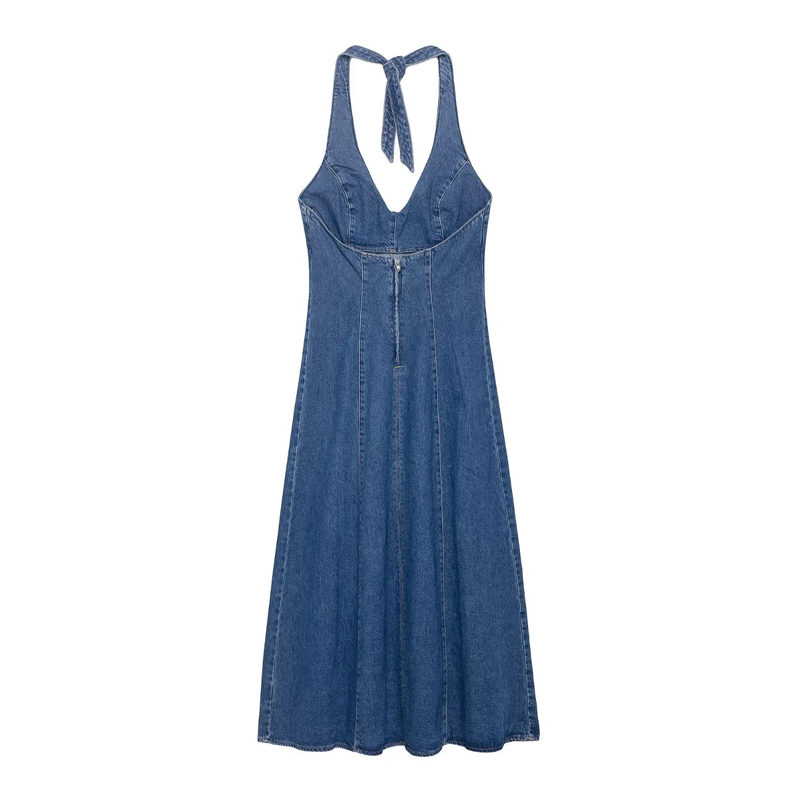 Women Clothing Autumn Halter V Neck Denim Dress