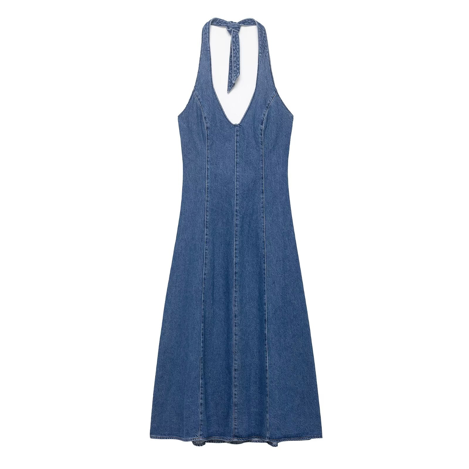 Women Clothing Autumn Halter V Neck Denim Dress