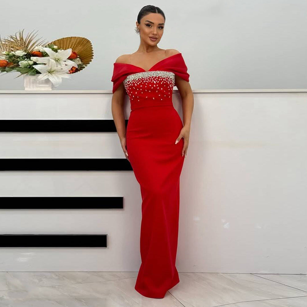 Women Clothes Elegant Graceful Diamond Hairpin Shoulder Bandage Dress Party Cocktail Evening Dress