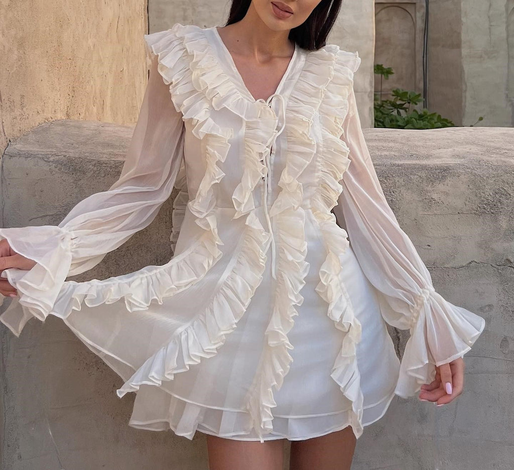 Robe élégante pour femme, col en V, en mousseline à plusieurs volants et à plusieurs couches.