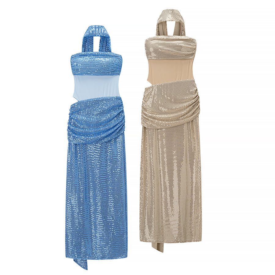 Vestido de cóctel sin mangas con top de tubo y lazo con lentejuelas de otoño