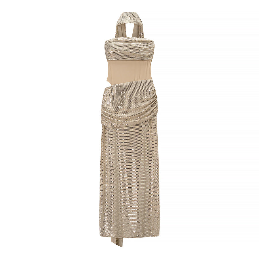 Vestido de cóctel sin mangas con top de tubo y lazo con lentejuelas de otoño