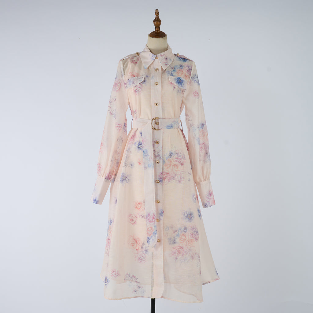 Vestido estilo blusa de trabajo con estampado floral de seda y algodón para mujer de otoño