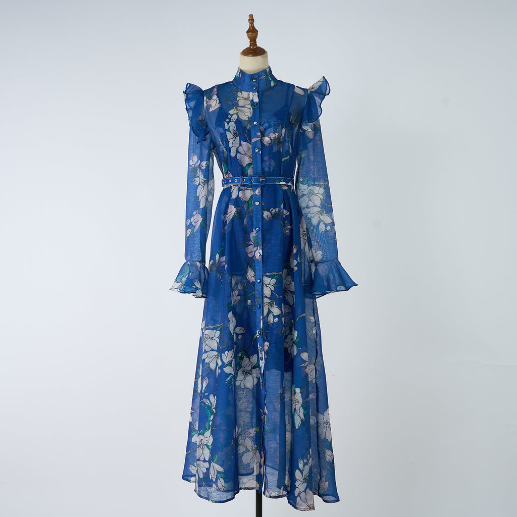 Robe rétro et sophistiquée pour femme, manches évasées, style français, élégante et raffinée, avec ceinture en dentelle imprimée.