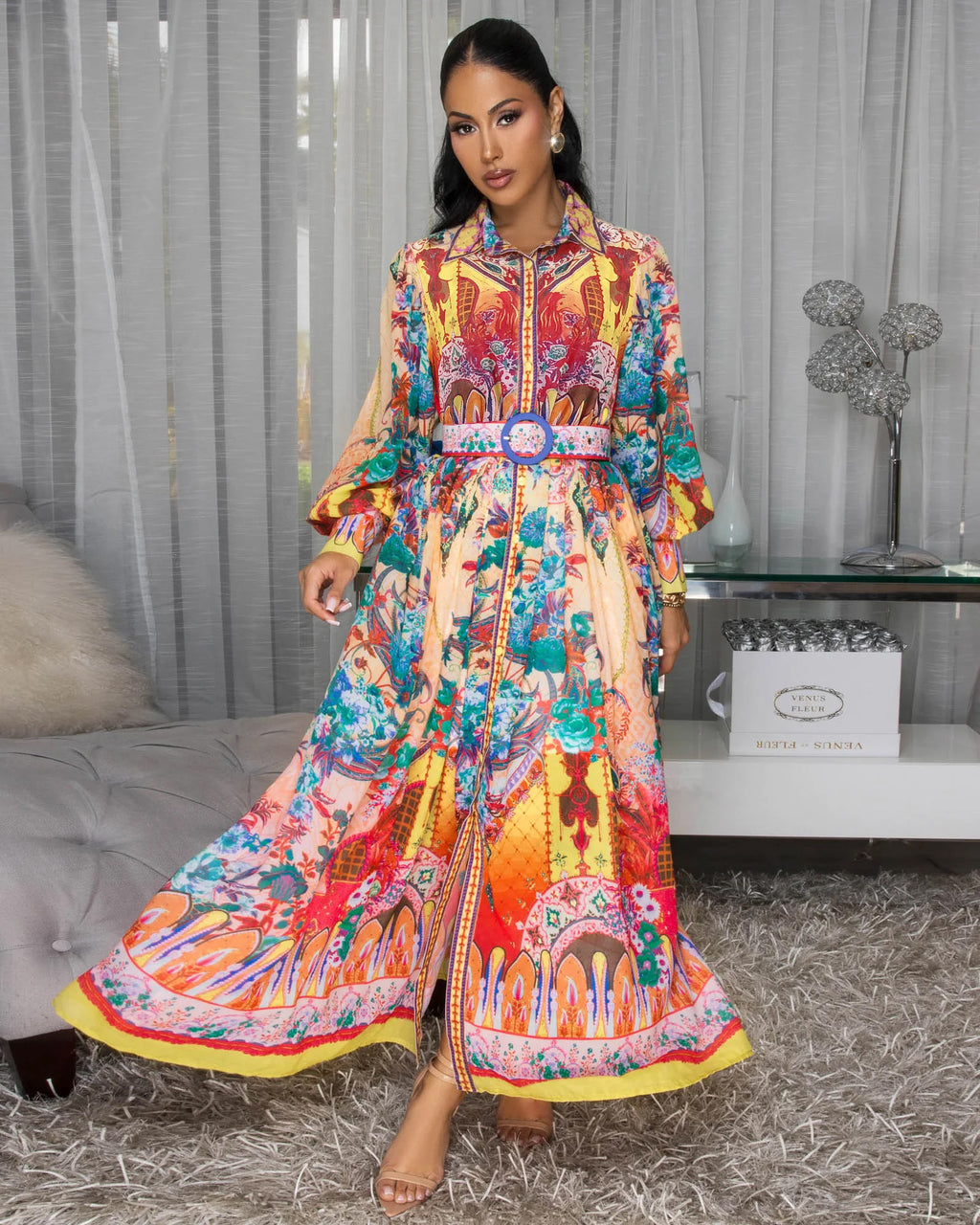 Robe maxi décontractée et confortable à revers tombants, manches lanternes et taille cintrée, imprimé ethnique peint, confortable et à taille basse