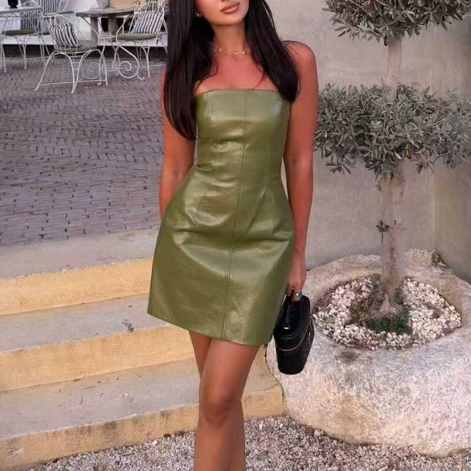 Robe en cuir à manches longues pour femme, style rétro automne.