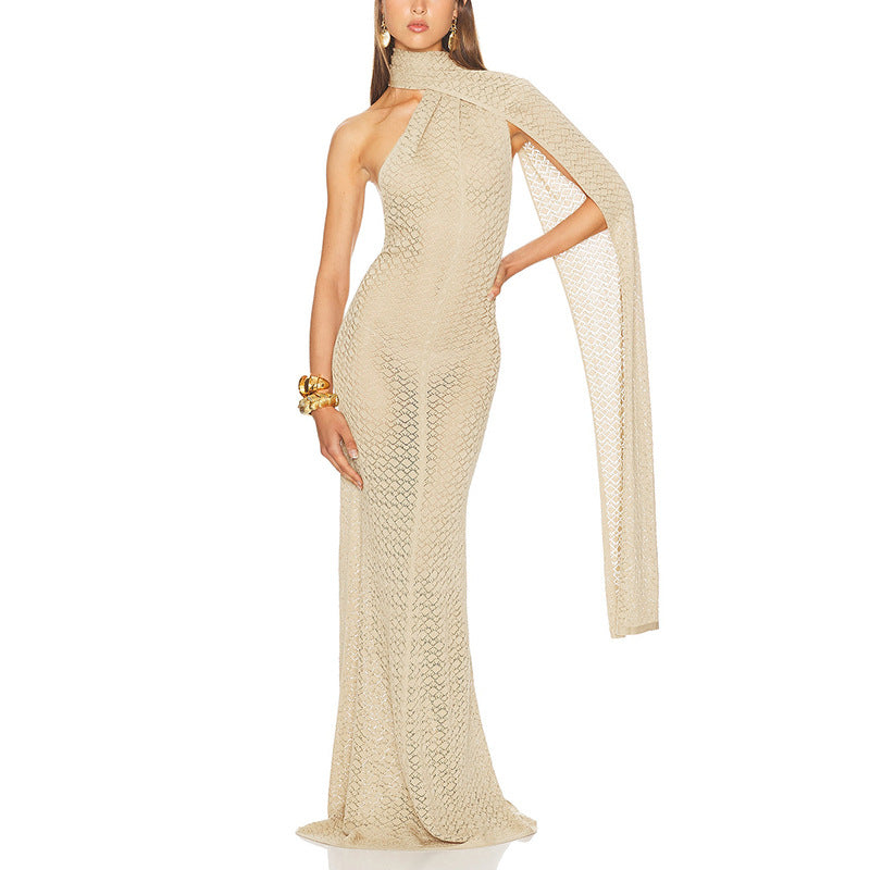 Robe sexy de haute qualité, coupe asymétrique irrégulière, col châle, découpes ajourées, coupe ajustée