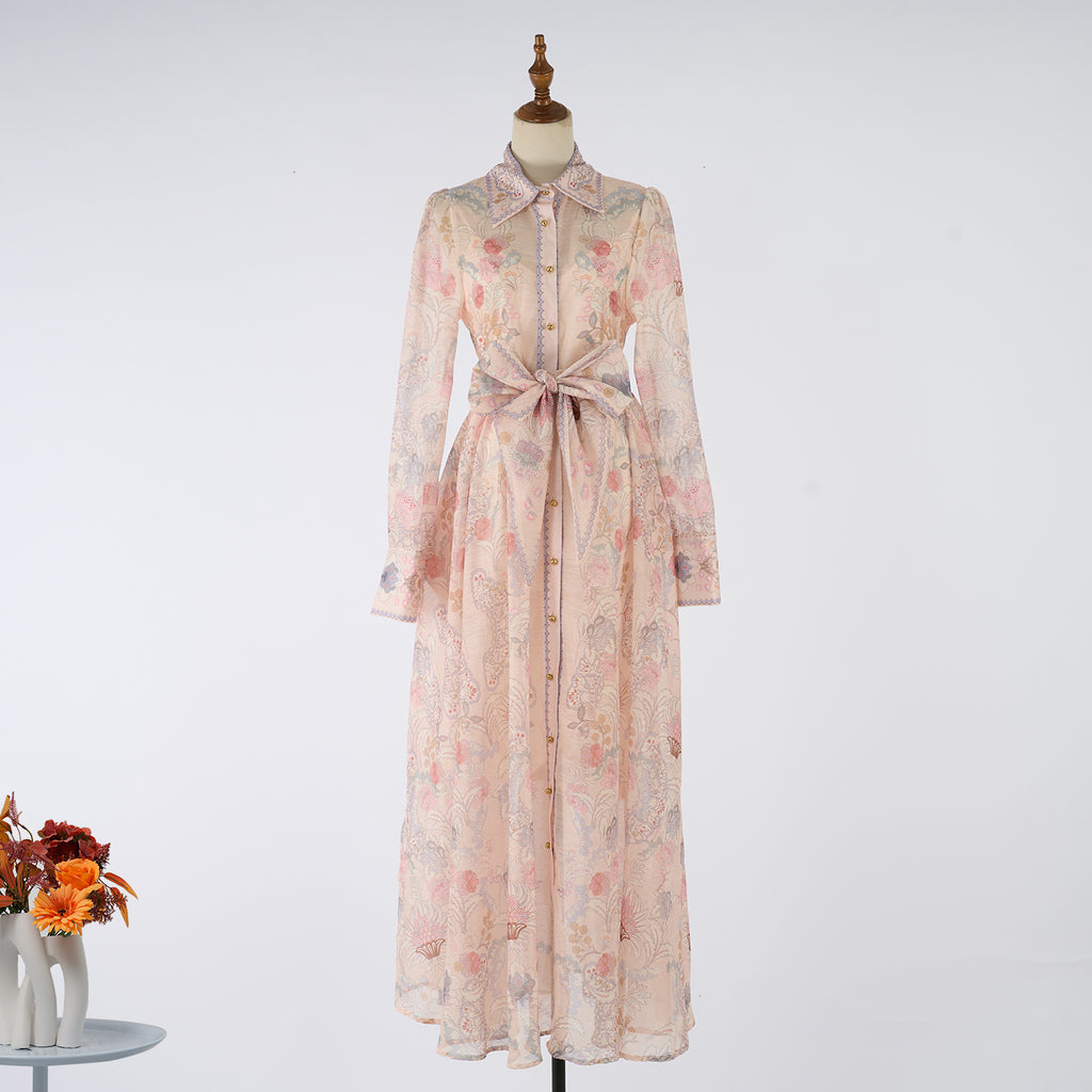 Conjunto de dos piezas para mujer, primavera y otoño, vestido largo estampado de una sola botonadura