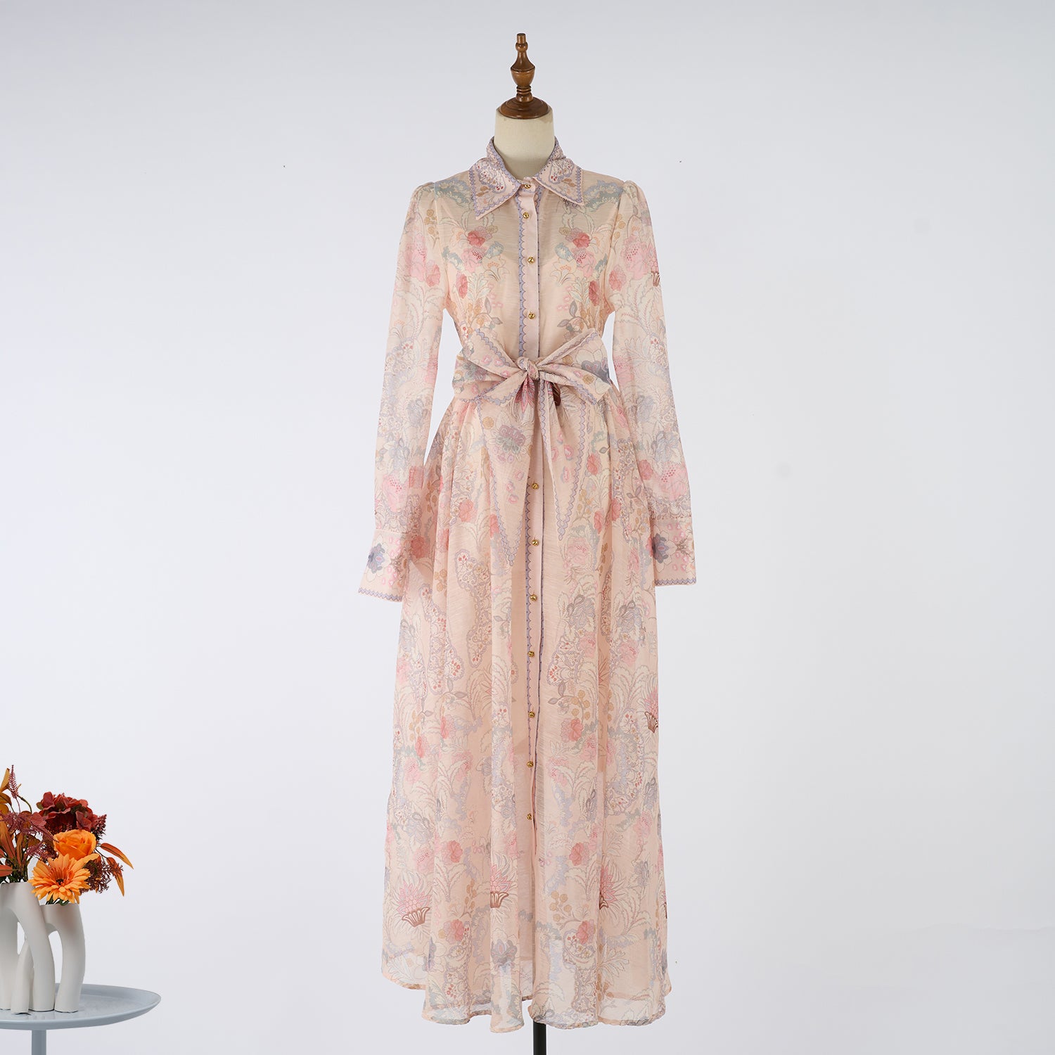 Women Spring Autumn Two Piece Set Printed Single Breasted Maxi Dress