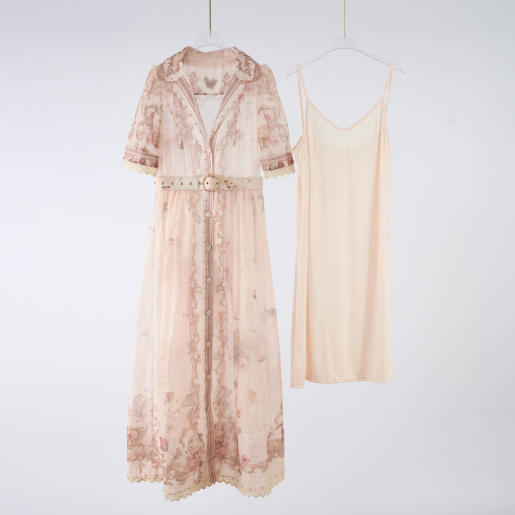 Vestido largo de verano con cuello alto y botones estampados para mujer