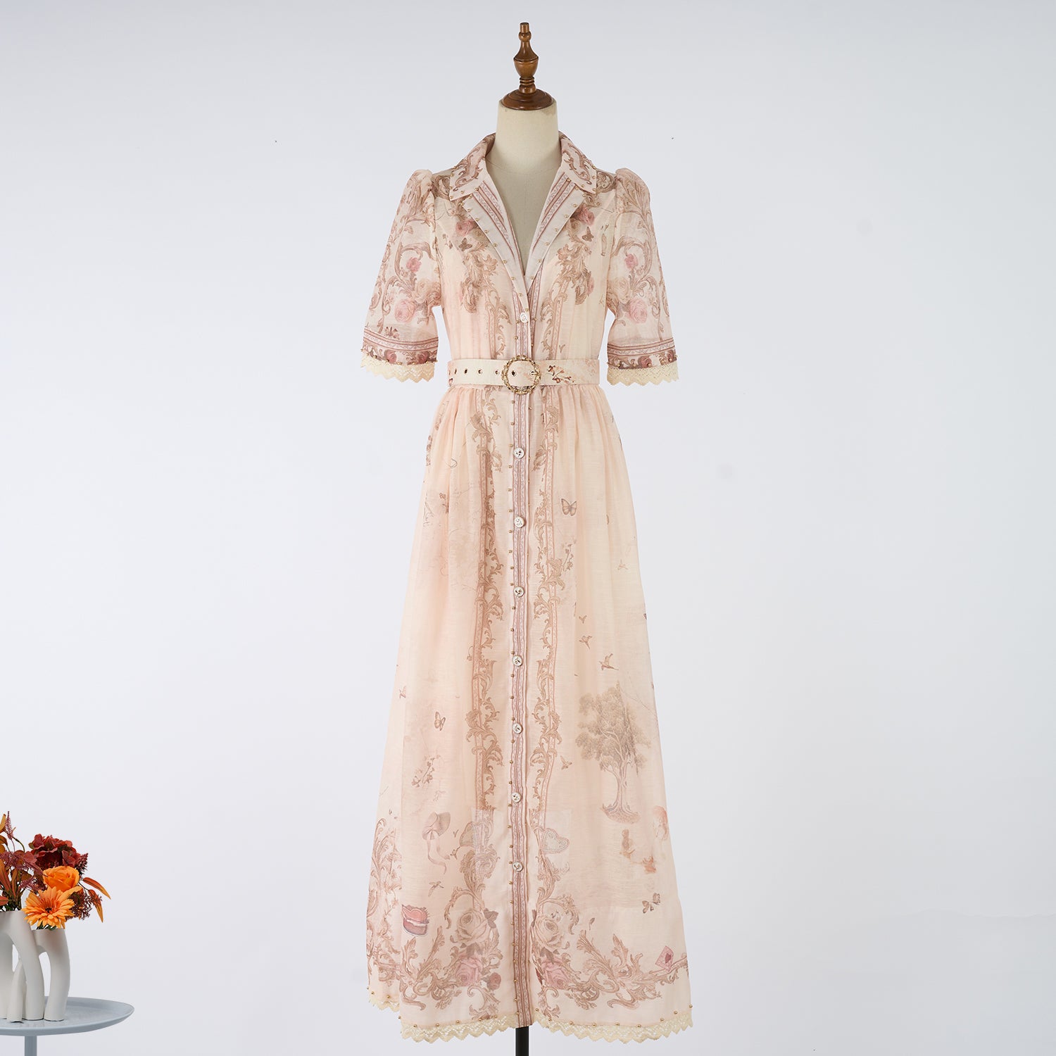 Women Summer Printed Buttons Stand Up Collar Maxi Dress