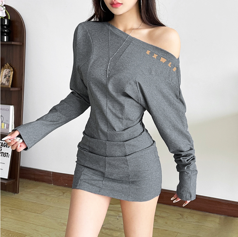 Trend Fall Women Clothing Jennie Same Sexy One Shoulder Cold Shoulder Long Sleeve Waist Dress