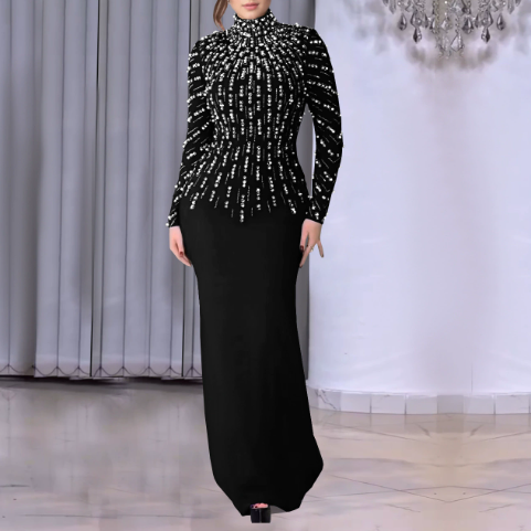 Women Wear Long Sleeve Beaded Rhinestone Arm Covering Dress