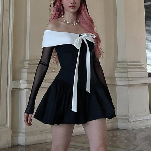 Autumn College Cute Bow Dress Sweet Spicy Doll Collar Contrast Color