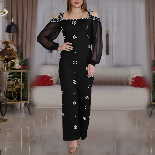 Women Wear Elegant Rhinestone Square Collar Mesh Slim Fit Dress