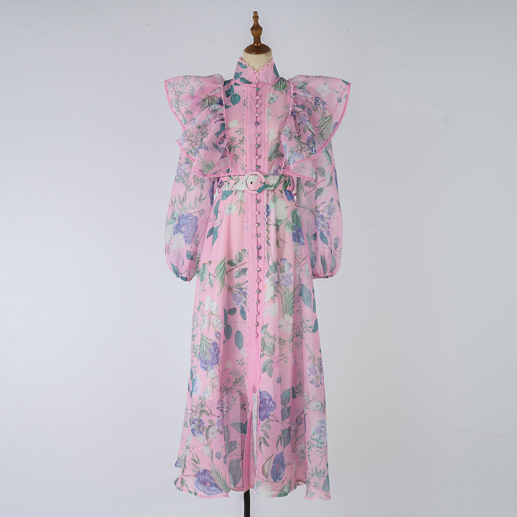 Women Spring Autumn Printed Belt Stand Up Collar Long Sleeved Dress