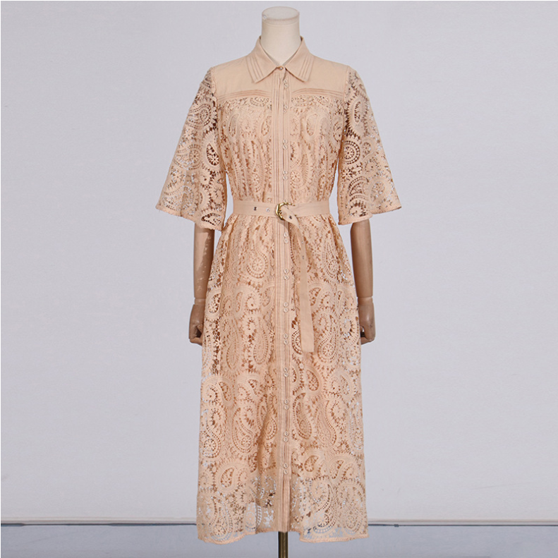 Retro Casual Elegant Dress Autumn Polo Collar Lace Hollow Out Cutout High Waist Bell Sleeve Maxi Dress Women