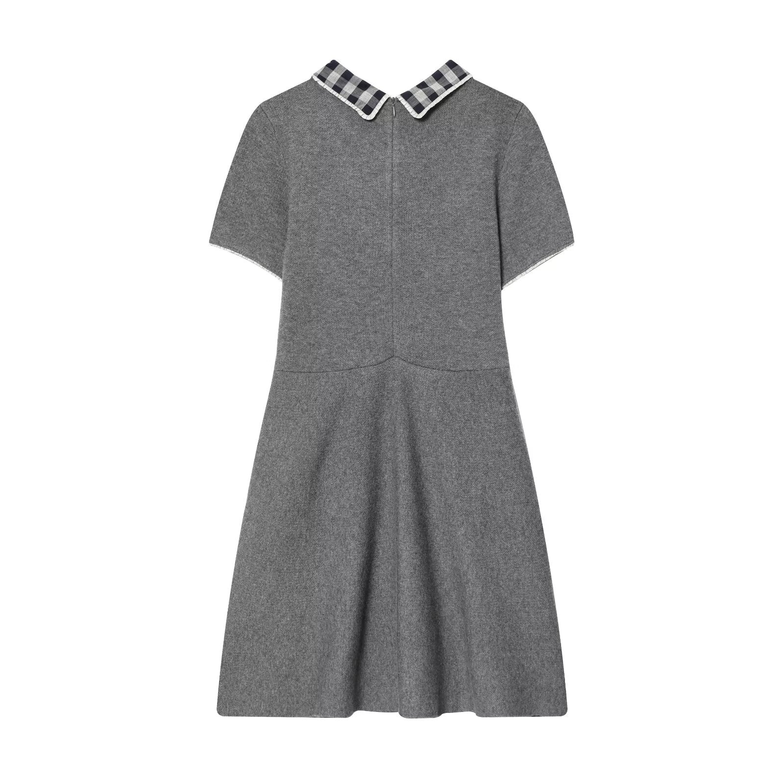 Autumn Tight Waist Slim Fit Plaid Neckline Stitching Dress A line Knitted Short Skirt Women