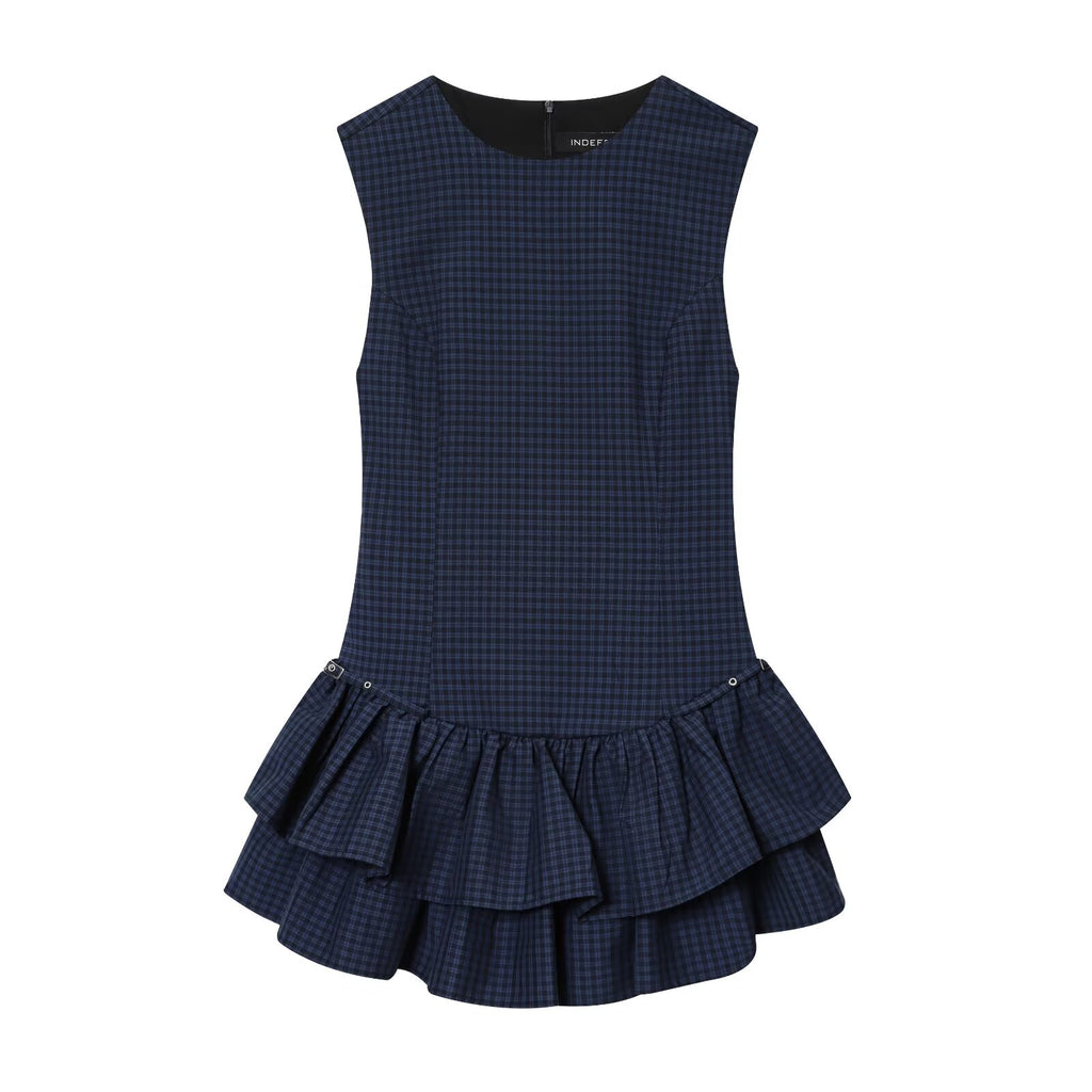 Women Clothing Autumn Sweet Romantic Plaid Laminated Decoration Short Dress