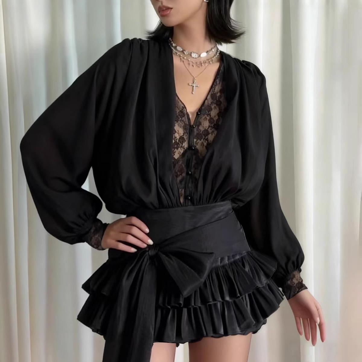 Autumn French Pure Lace Splicing Sexy V neck Long Sleeve Dress