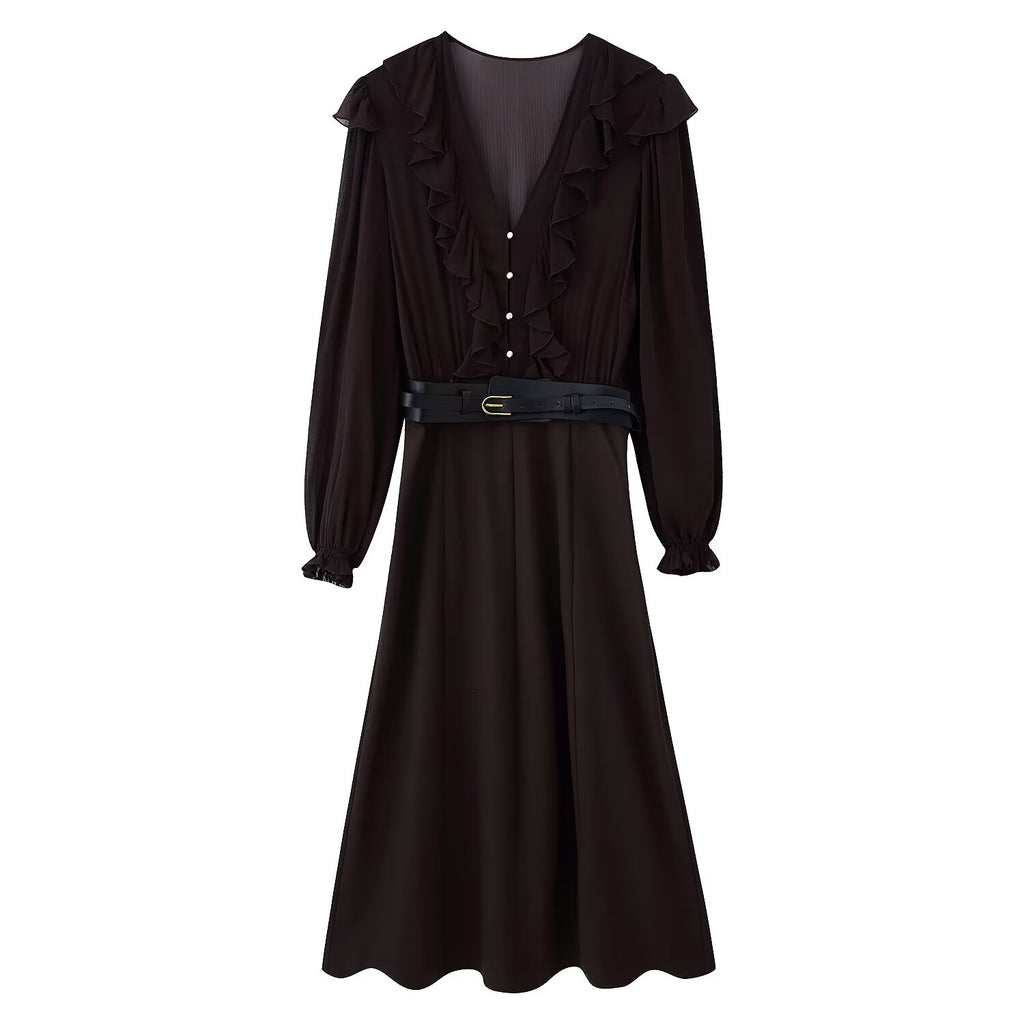 Women Clothing With Belt Stitching Midi Dress