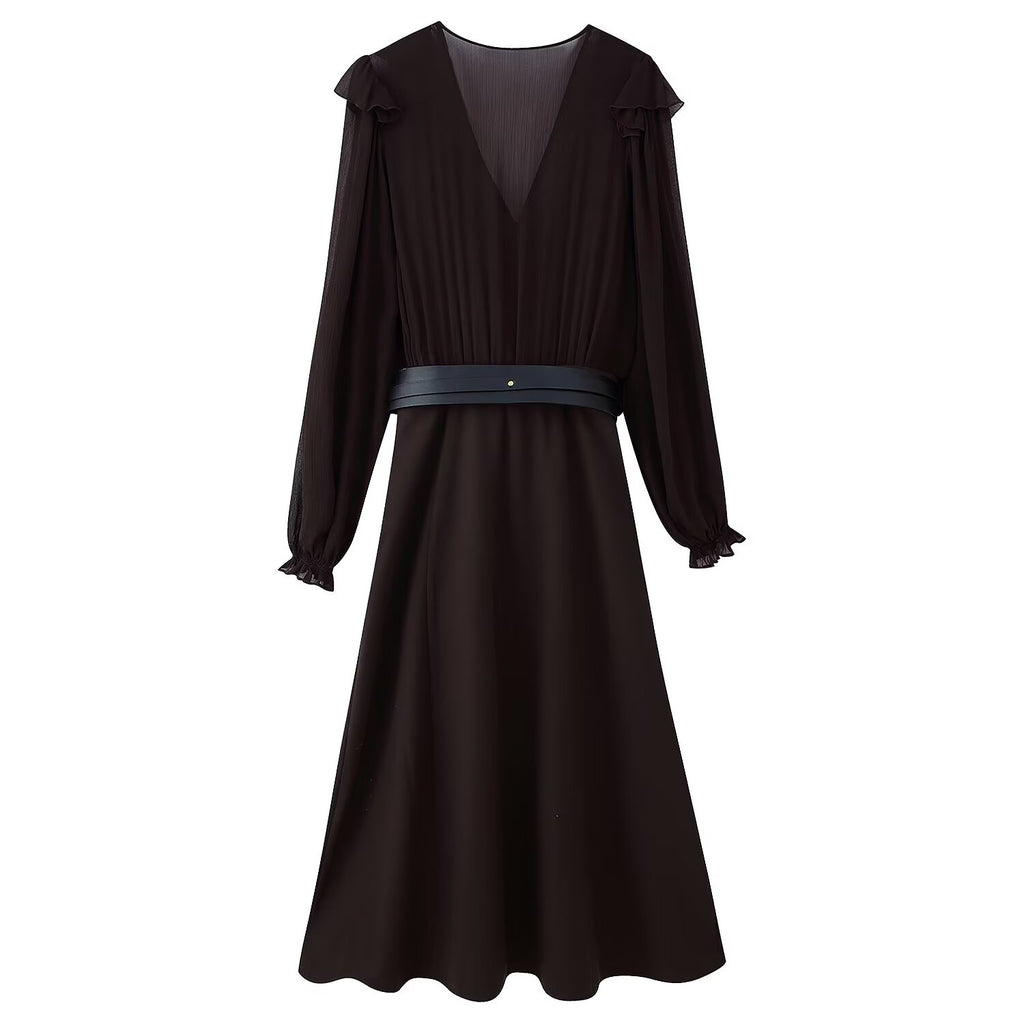 Women Clothing With Belt Stitching Midi Dress