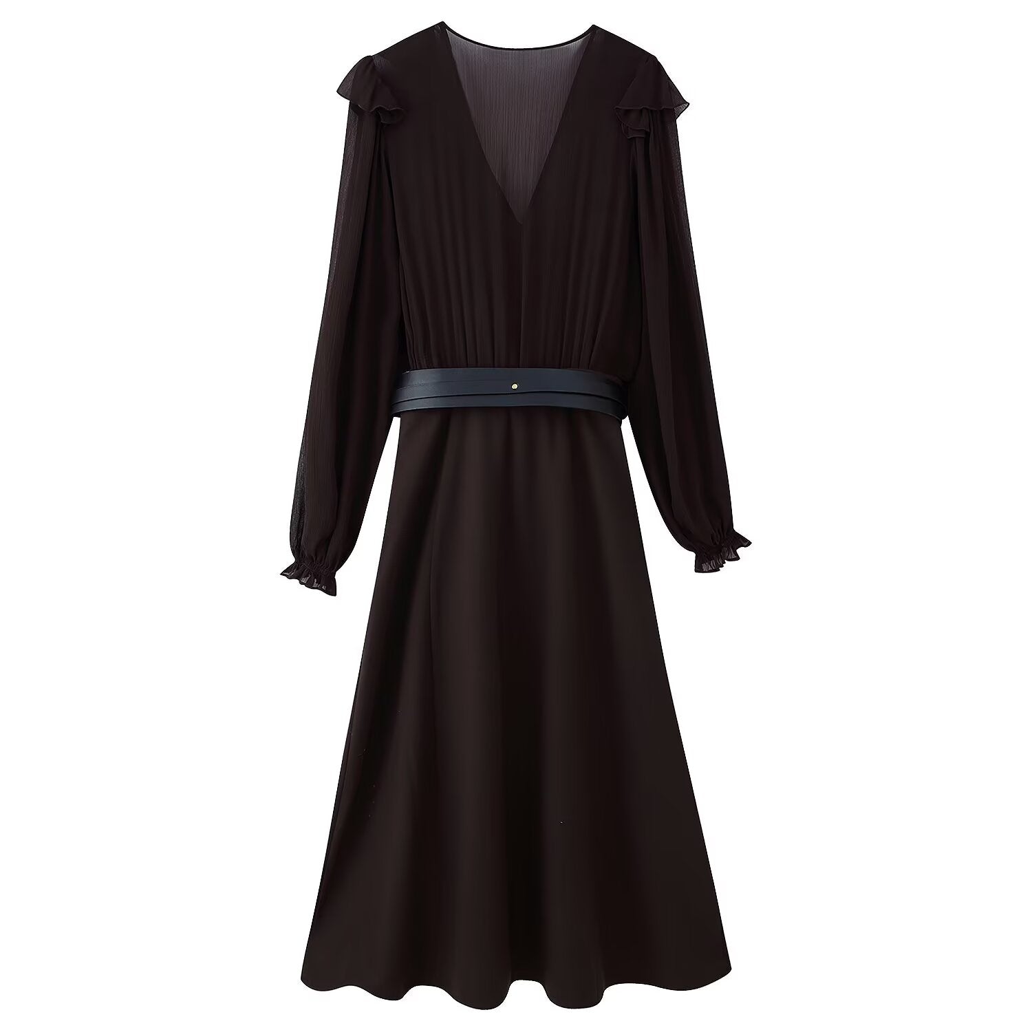 Women Clothing With Belt Stitching Midi Dress