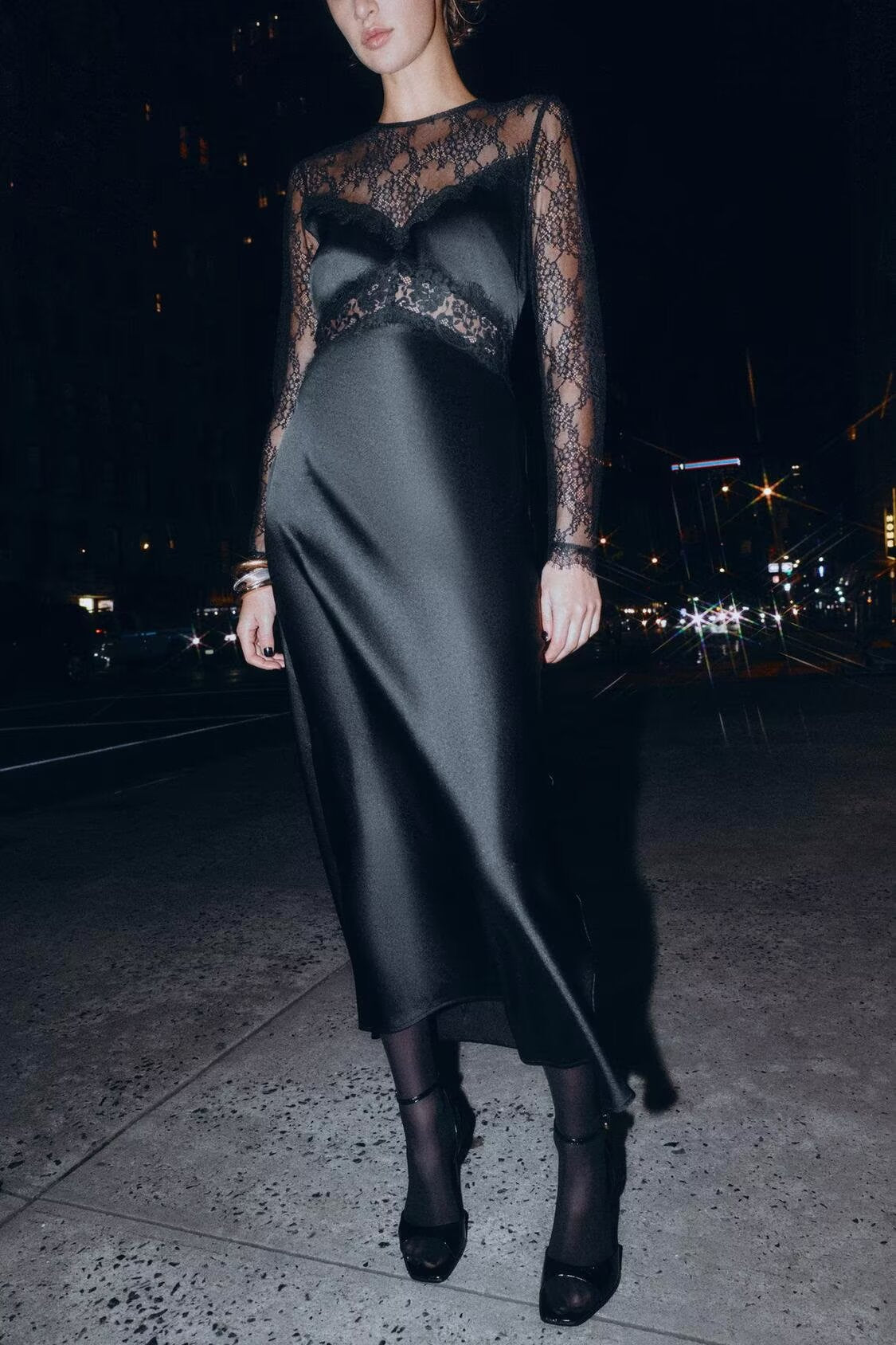 Women Clothing Winter Sexy Long Sleeve Lace Stitching Dress