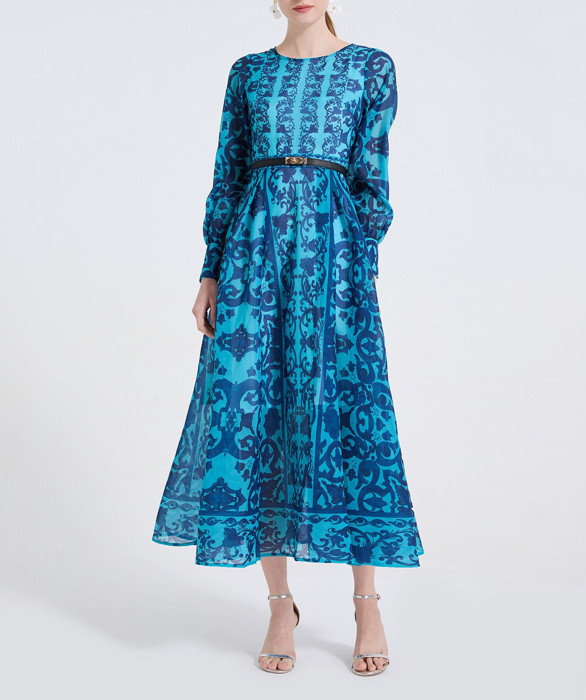 Vestido ajustado de cintura alta con cuello redondo y estampado para mujer