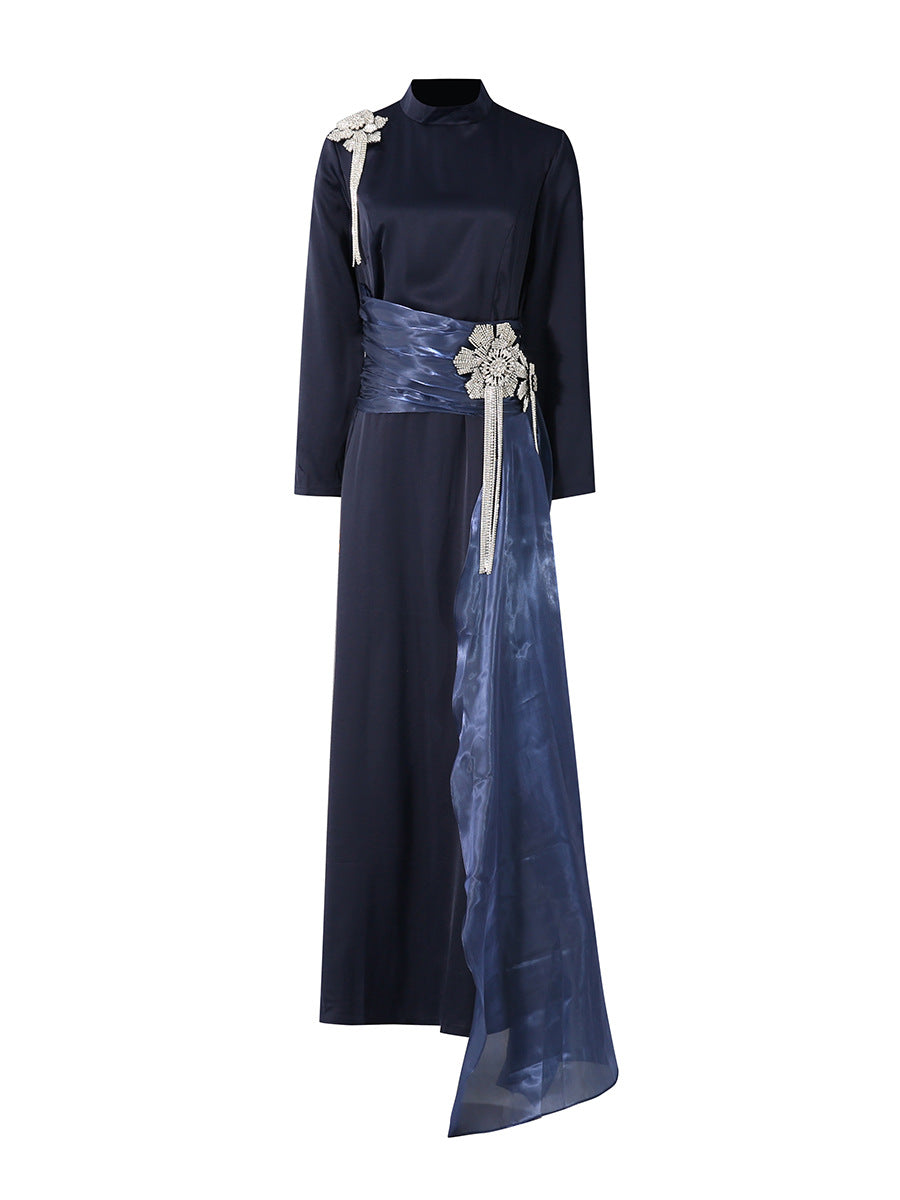 Dress Purplish Blue Satin Ribbon Tassel Diamond Dress Winter Women Clothing Dress for Women