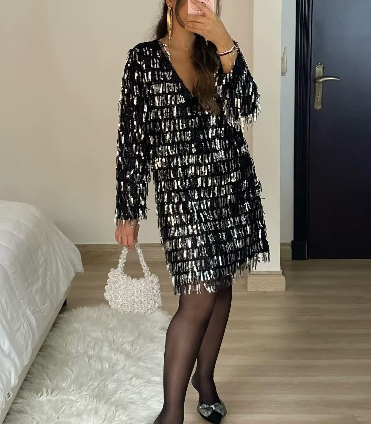 Winter Women Street V neck Tassel Sequ Dress