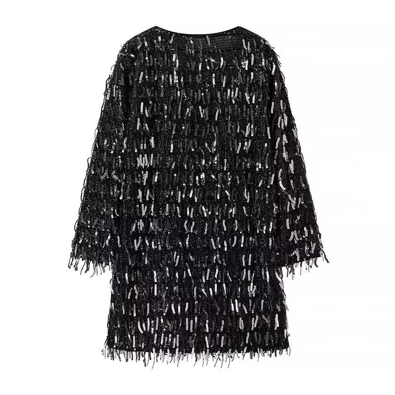 Winter Women Street V neck Tassel Sequ Dress