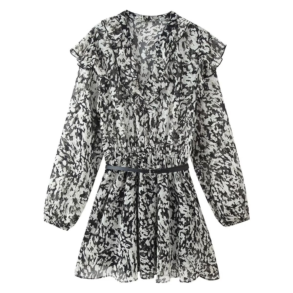 Women Clothing Western with Belt Printed Mini Dress