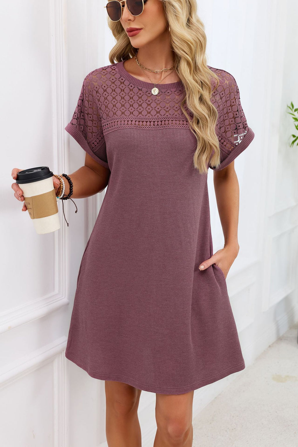 Spring Summer Solid Color round Neck Lace Stitching Loose Short Sleeve Dress