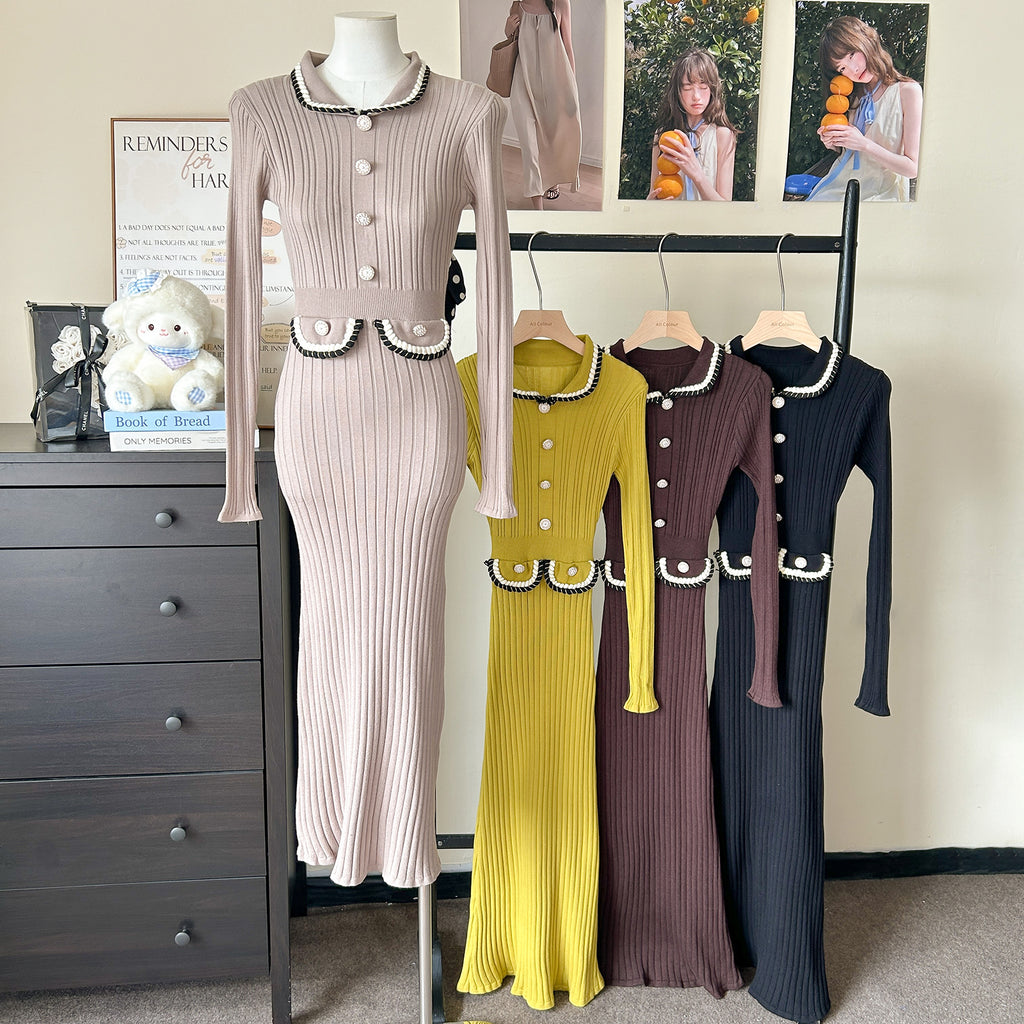 Women Spring Autumn Style Babydoll Dress With Knitted Long Dress
