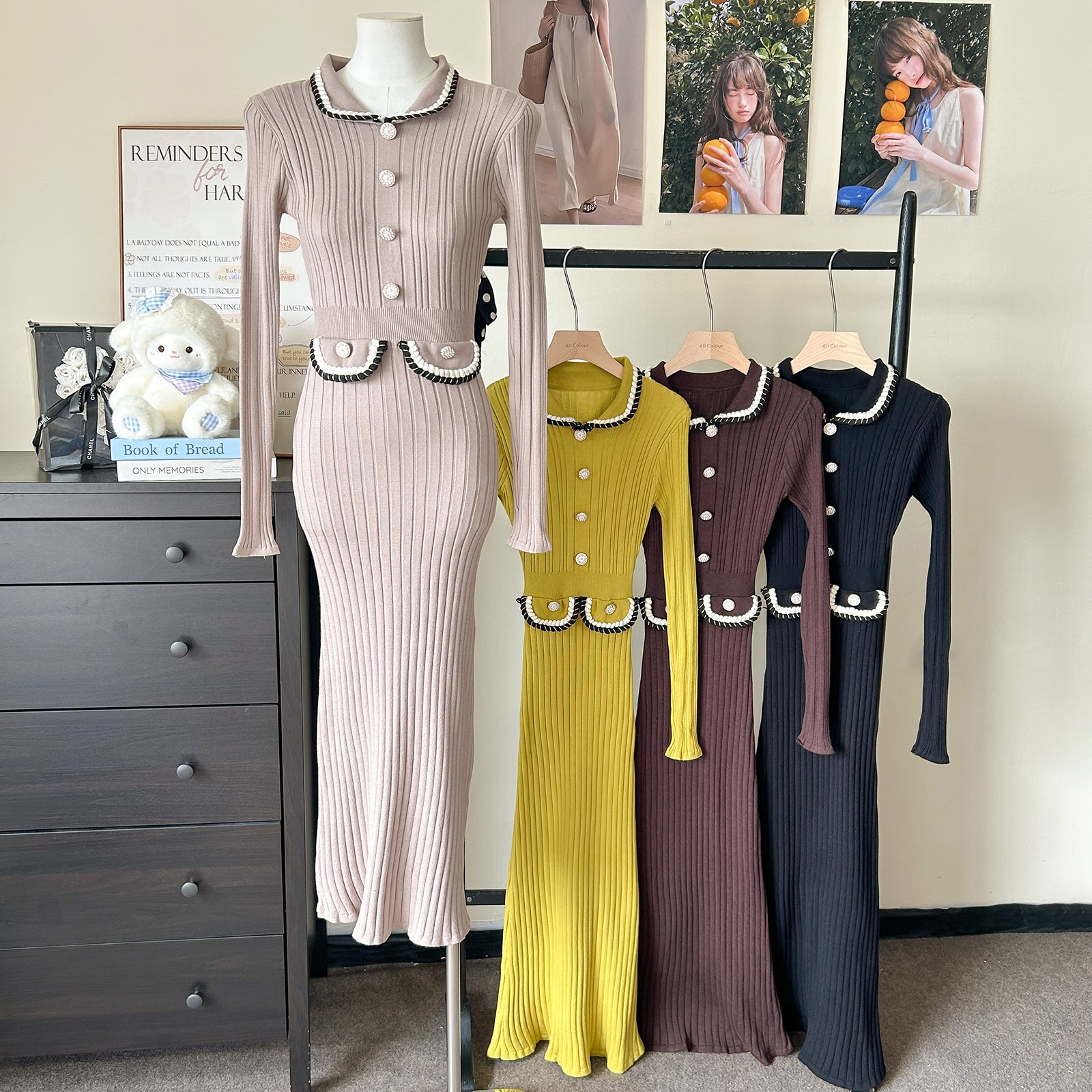 Women Spring Autumn Style Babydoll Dress With Knitted Long Dress