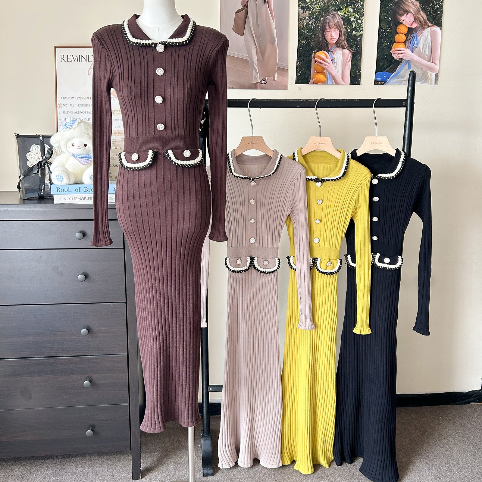 Women Spring Autumn Style Babydoll Dress With Knitted Long Dress