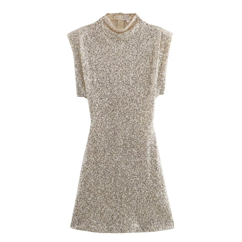 Summer Sweet Fresh Elegant Vacation Padded Shoulder Sequ Dress