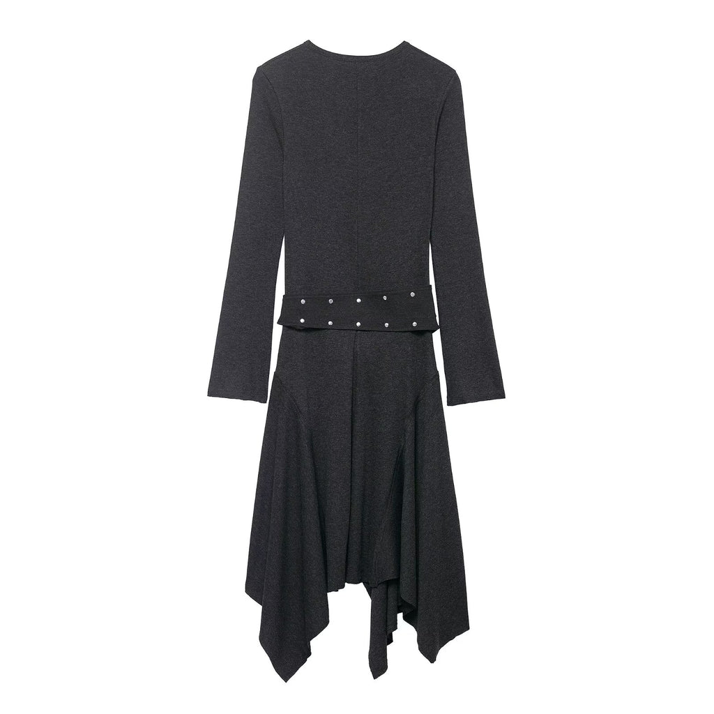 Women Clothing Winter Asymmetric Ruffled Slimming Midi Dress